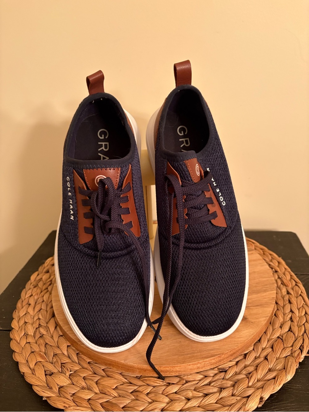 Cole Haan Navy Knit Sneakers with Brown Leather Accents